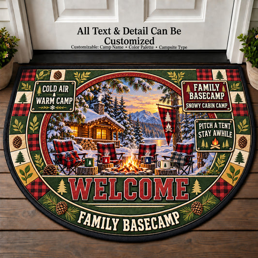 Snowy Cabin Camp - Family Basecamp Personalized Half Round Mat | 5To9Vibe