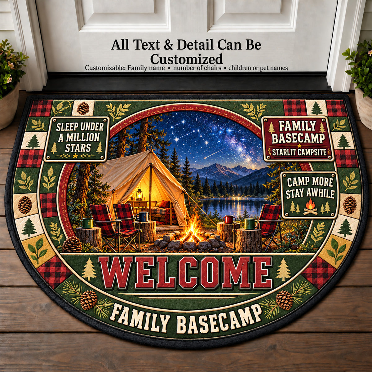 Starlit Campsite - Family Basecamp Personalized Half Round Mat | 5To9Vibe