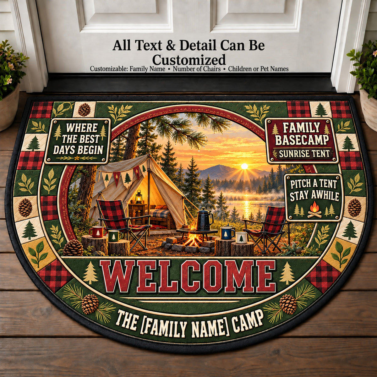 Sunrise Tent - Family Basecamp Personalized Half Round Mat | 5To9Vibe
