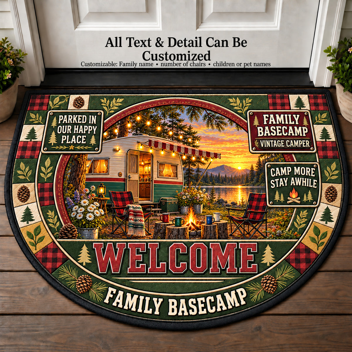 Vintage Camper - Family Basecamp Personalized Half Round Mat | 5To9Vibe