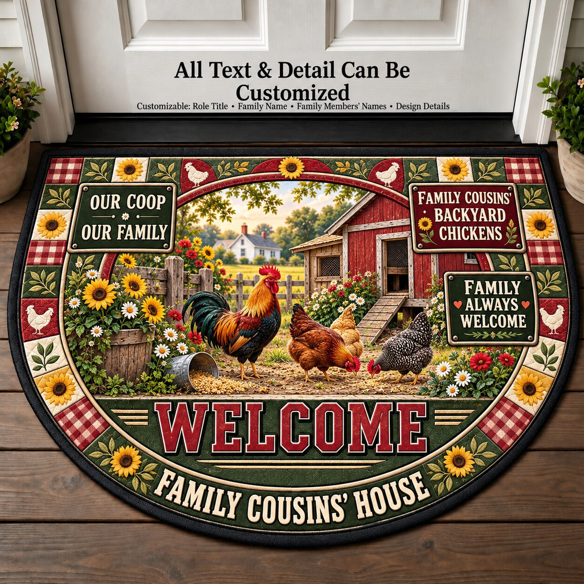 Family Cousins' Backyard Chickens Personalized Half Round Mat | 5To9Vibe