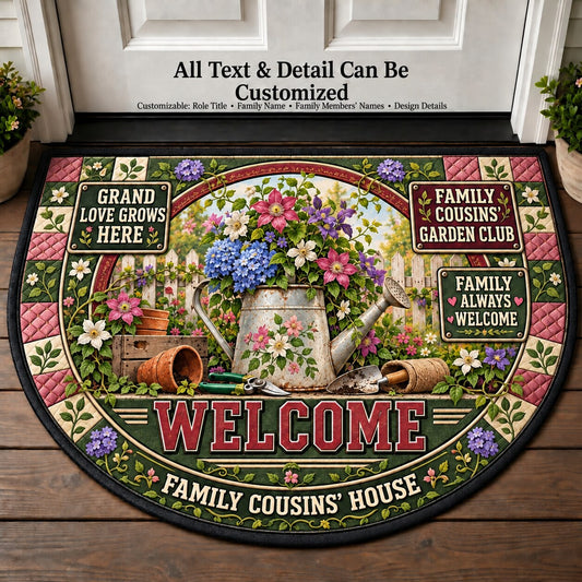 Family Cousins' Garden Club Personalized Half Round Mat | 5To9Vibe