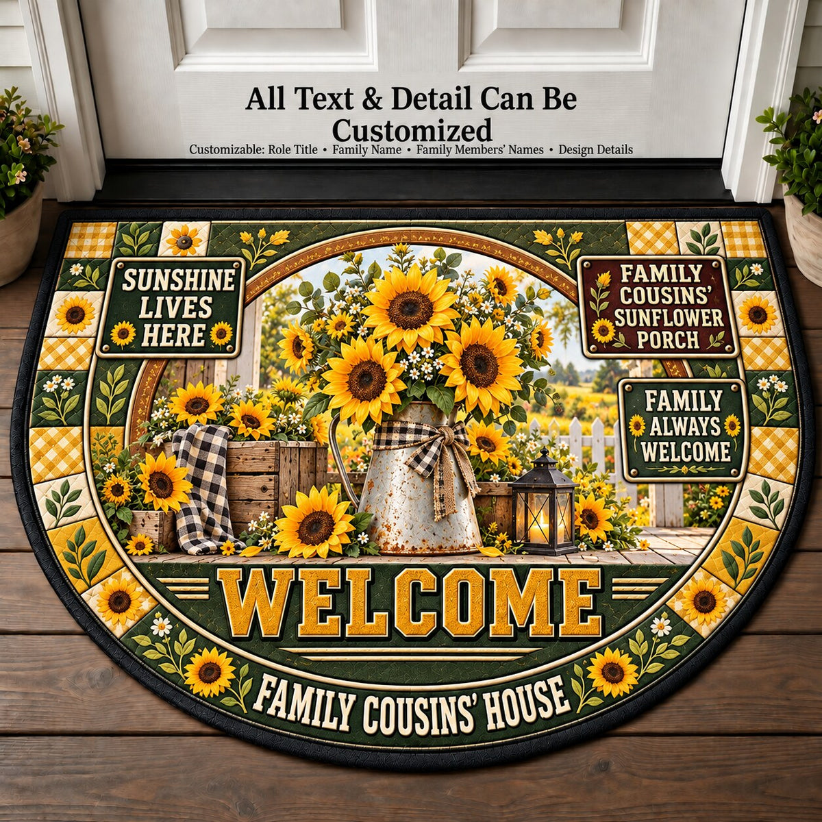 Family Cousins' Sunflower Porch Personalized Half Round Mat | 5To9Vibe