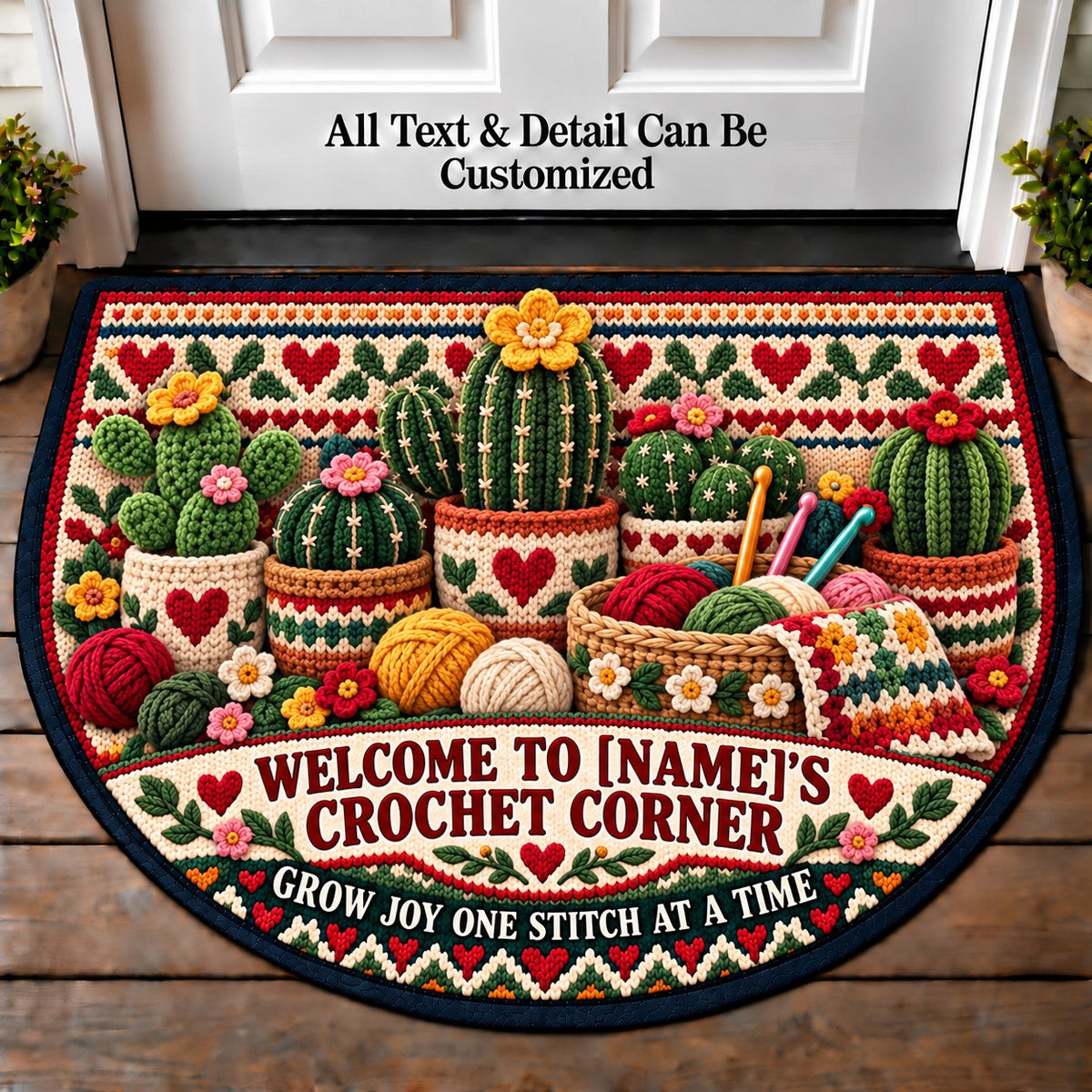 Crochet Cactus - Family Crochet Corner Personalized Half Round Mat | 5To9Vibe