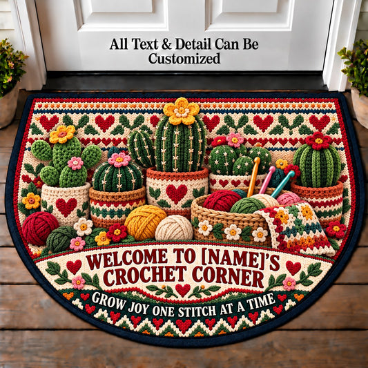 Crochet Cactus - Family Crochet Corner Personalized Half Round Mat | 5To9Vibe