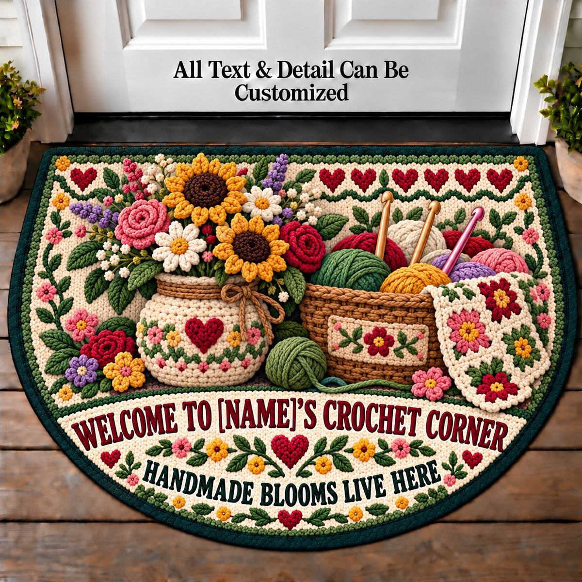 Crochet Flower Bouquet - Family Crochet Corner Personalized Half Round Mat | 5To9Vibe