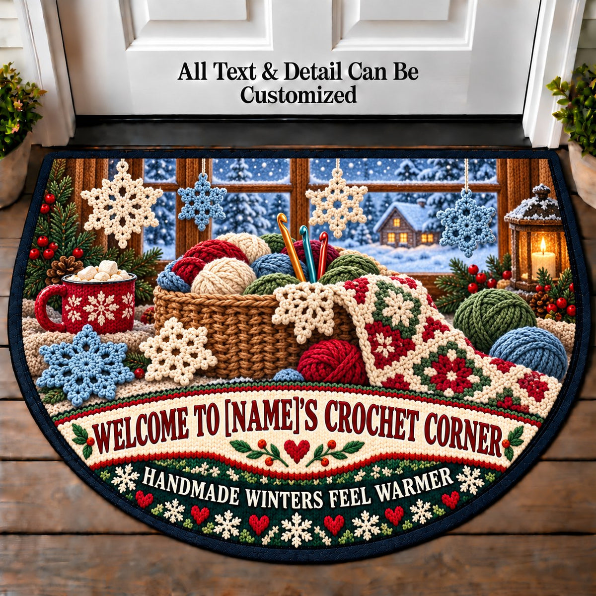 Crochet Snowflakes - Family Crochet Corner Personalized Half Round Mat | 5To9Vibe