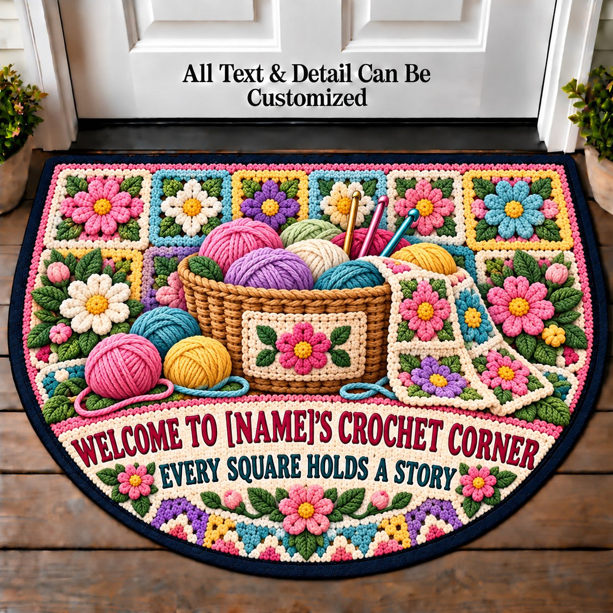 Granny Square Garden - Family Crochet Corner Personalized Half Round Mat | 5To9Vibe