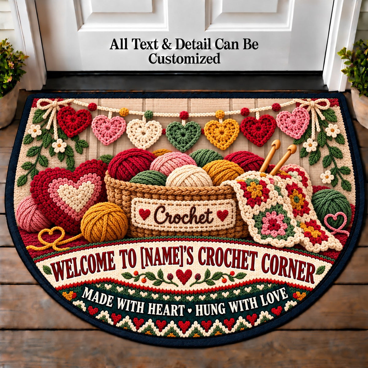 Heart Garland - Family Crochet Corner Personalized Half Round Mat | 5To9Vibe
