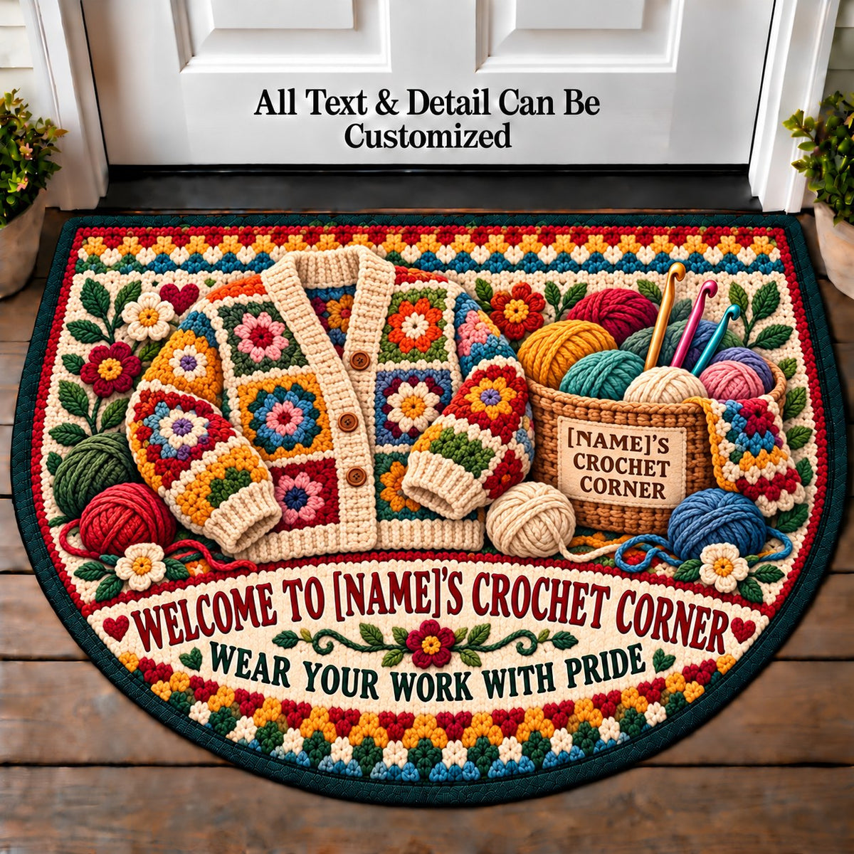 Patchwork Cardigan - Family Crochet Corner Personalized Half Round Mat | 5To9Vibe