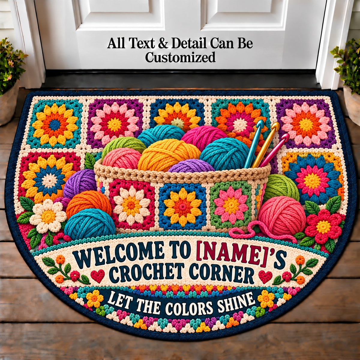 Sunburst Squares - Family Crochet Corner Personalized Half Round Mat | 5To9Vibe