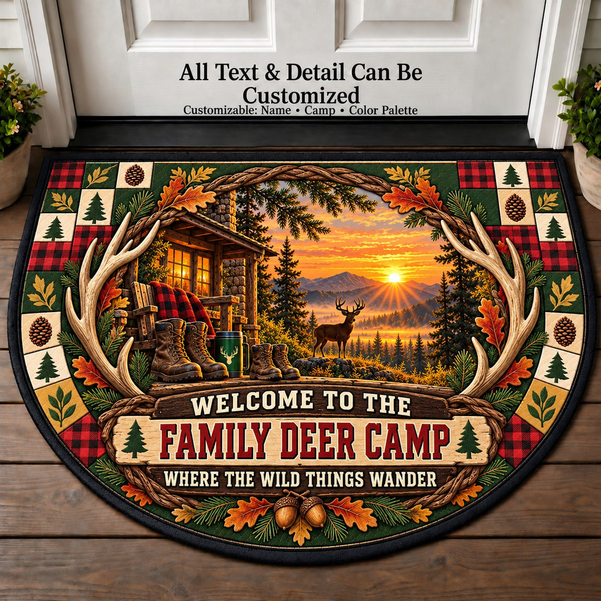 Antler Wreath - Family Deer Camp Personalized Half Round Mat | 5To9Vibe