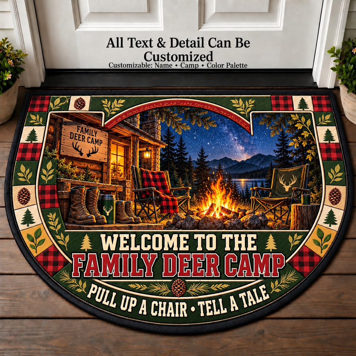 Campfire Field Tales - Family Deer Camp Personalized Half Round Mat | 5To9Vibe