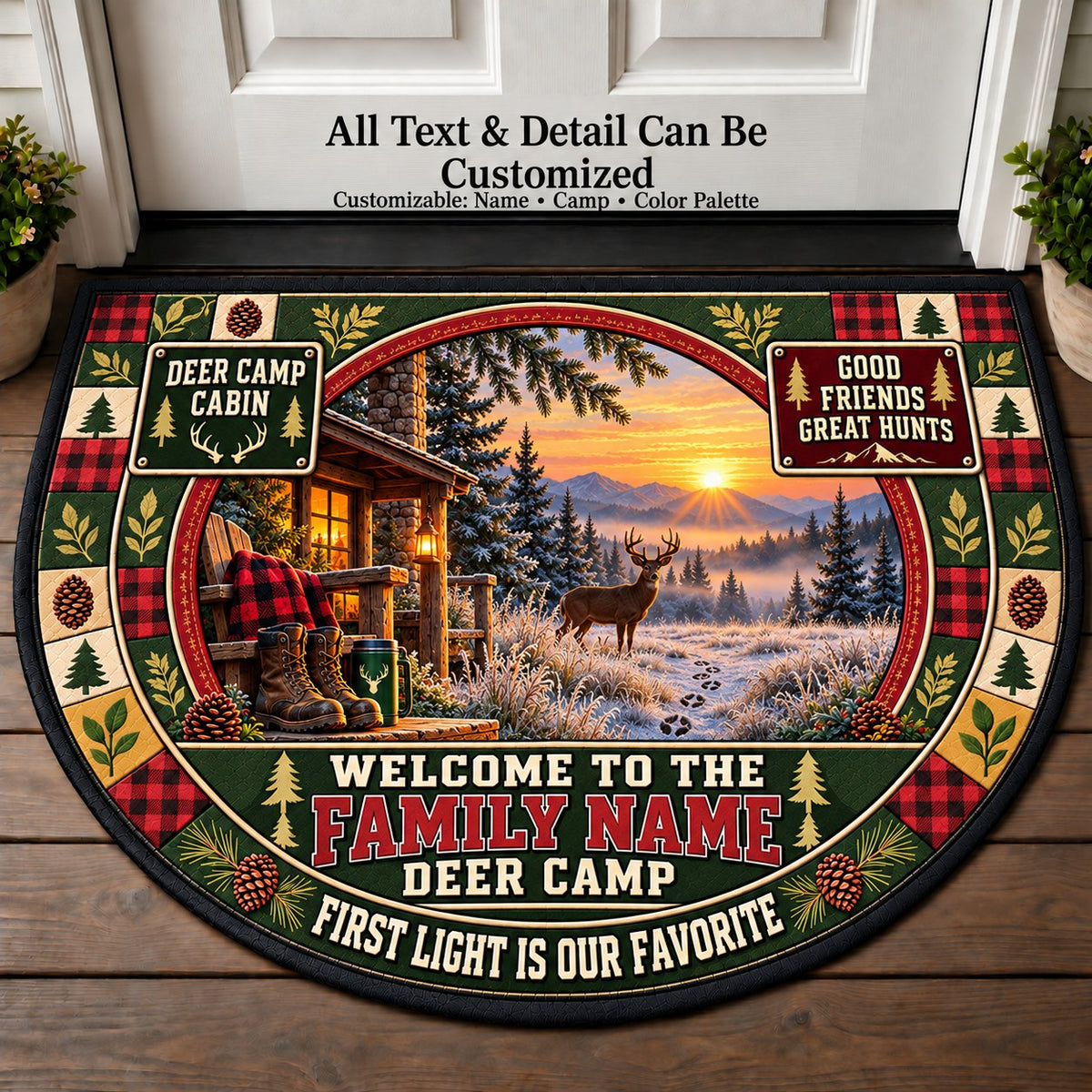 Frosty Dawn Trail - Family Deer Camp Personalized Half Round Mat | 5To9Vibe