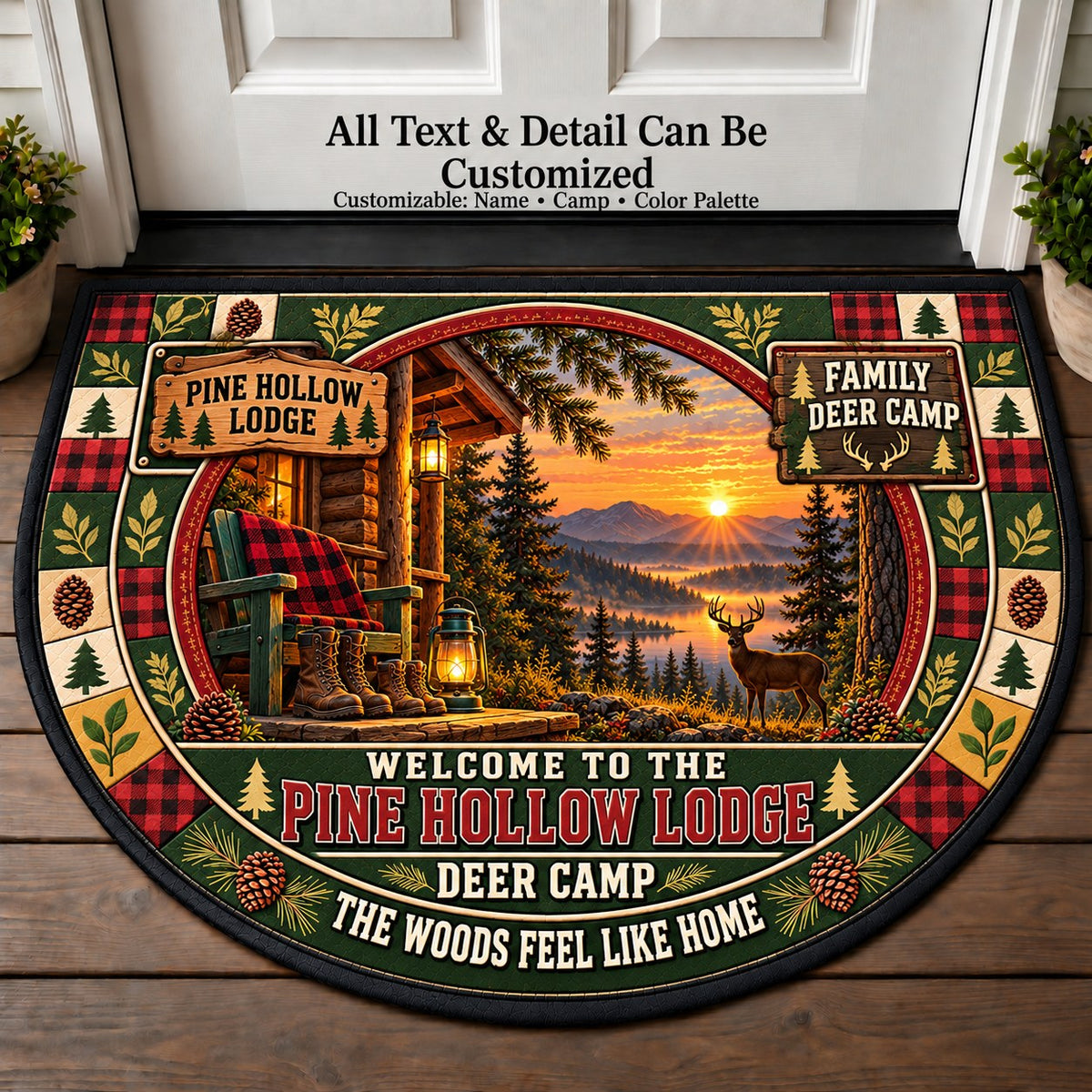 Pine Hollow Lodge - Family Deer Camp Personalized Half Round Mat | 5To9Vibe