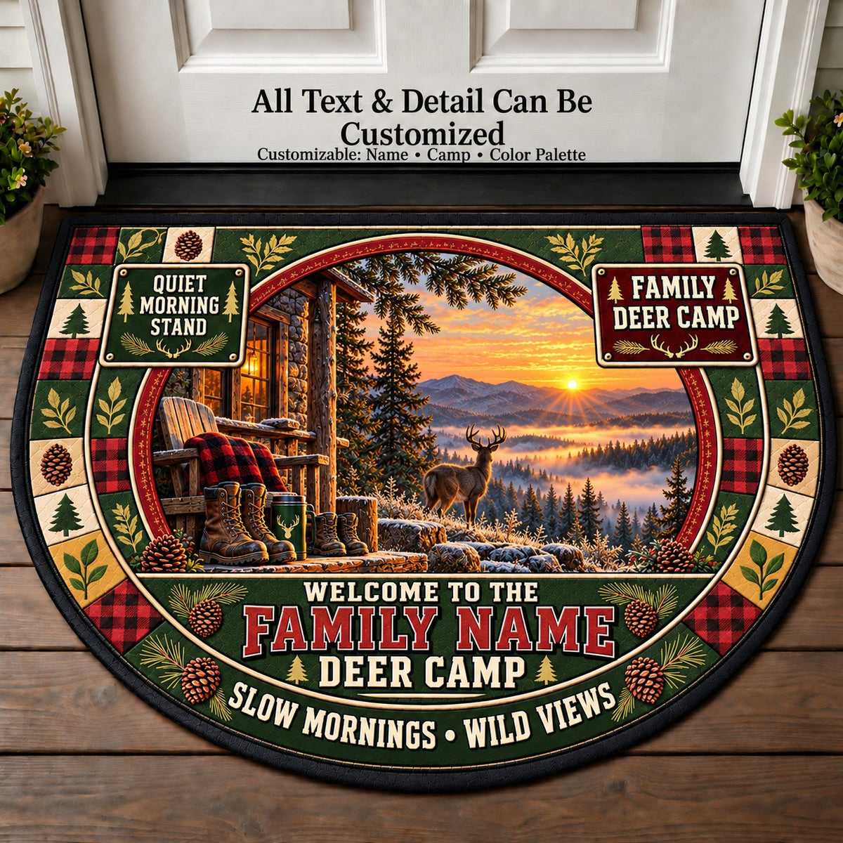 Quiet Morning Stand - Family Deer Camp Personalized Half Round Mat | 5To9Vibe