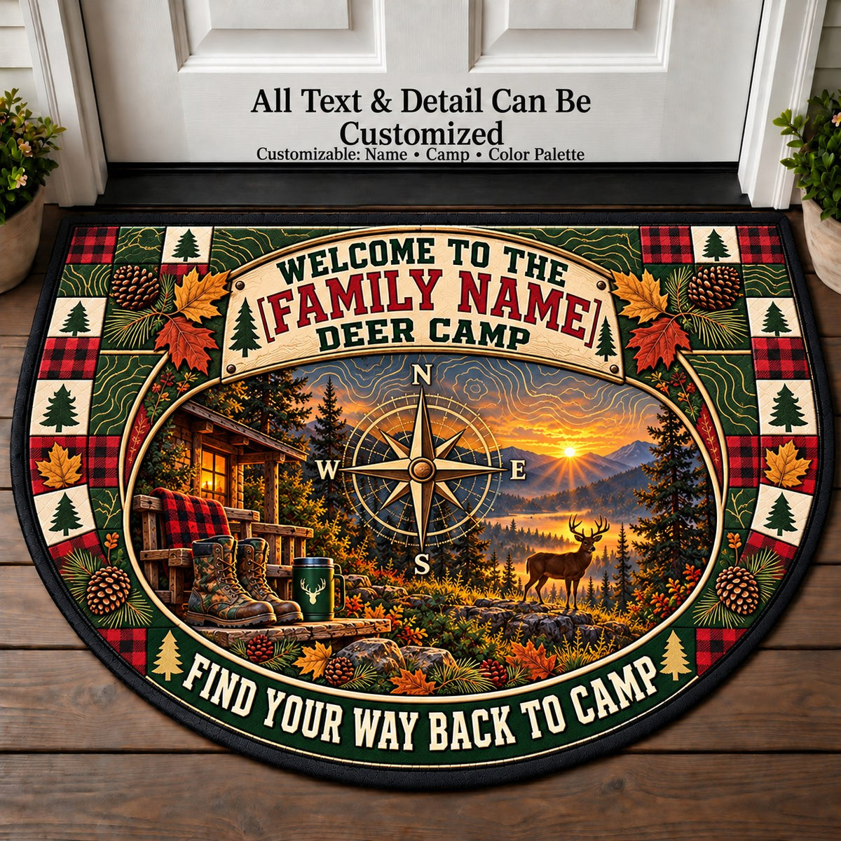 Woodland Compass - Family Deer Camp Personalized Half Round Mat | 5To9Vibe
