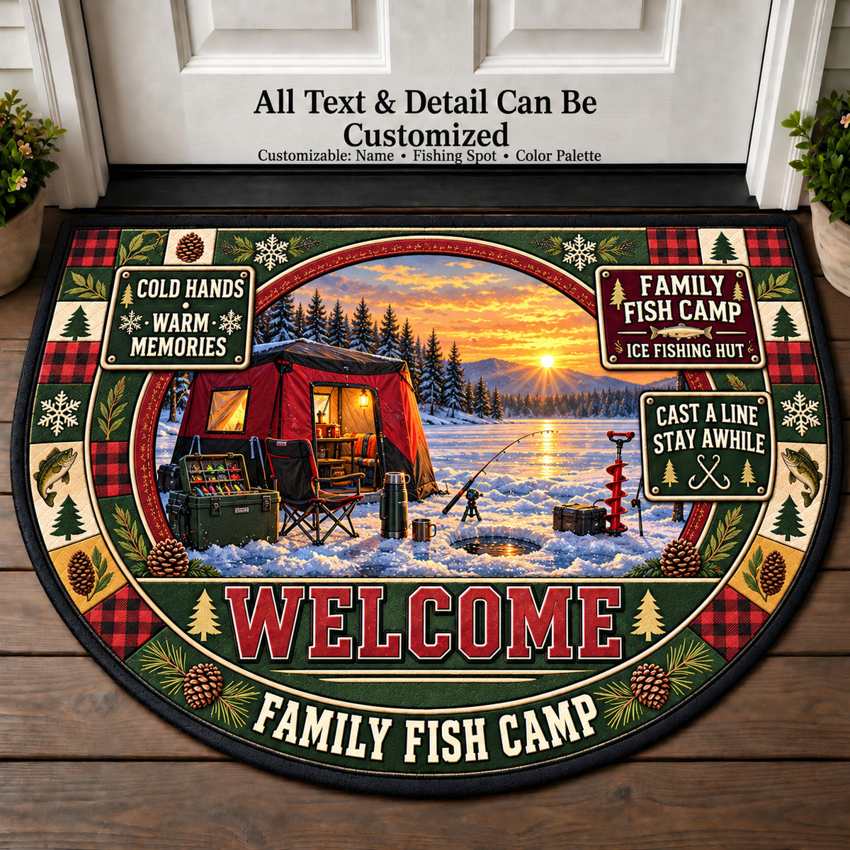 Ice Fishing Hut - Family Fish Camp Personalized Half Round Mat | 5To9Vibe