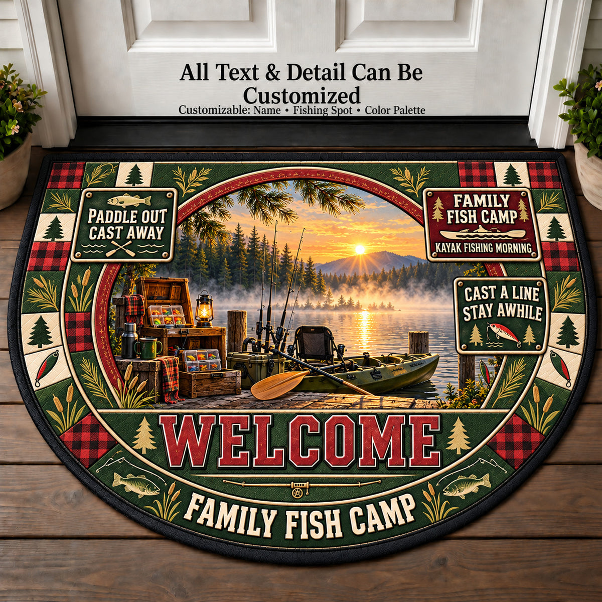 Kayak Fishing Morning - Family Fish Camp Personalized Half Round Mat | 5To9Vibe