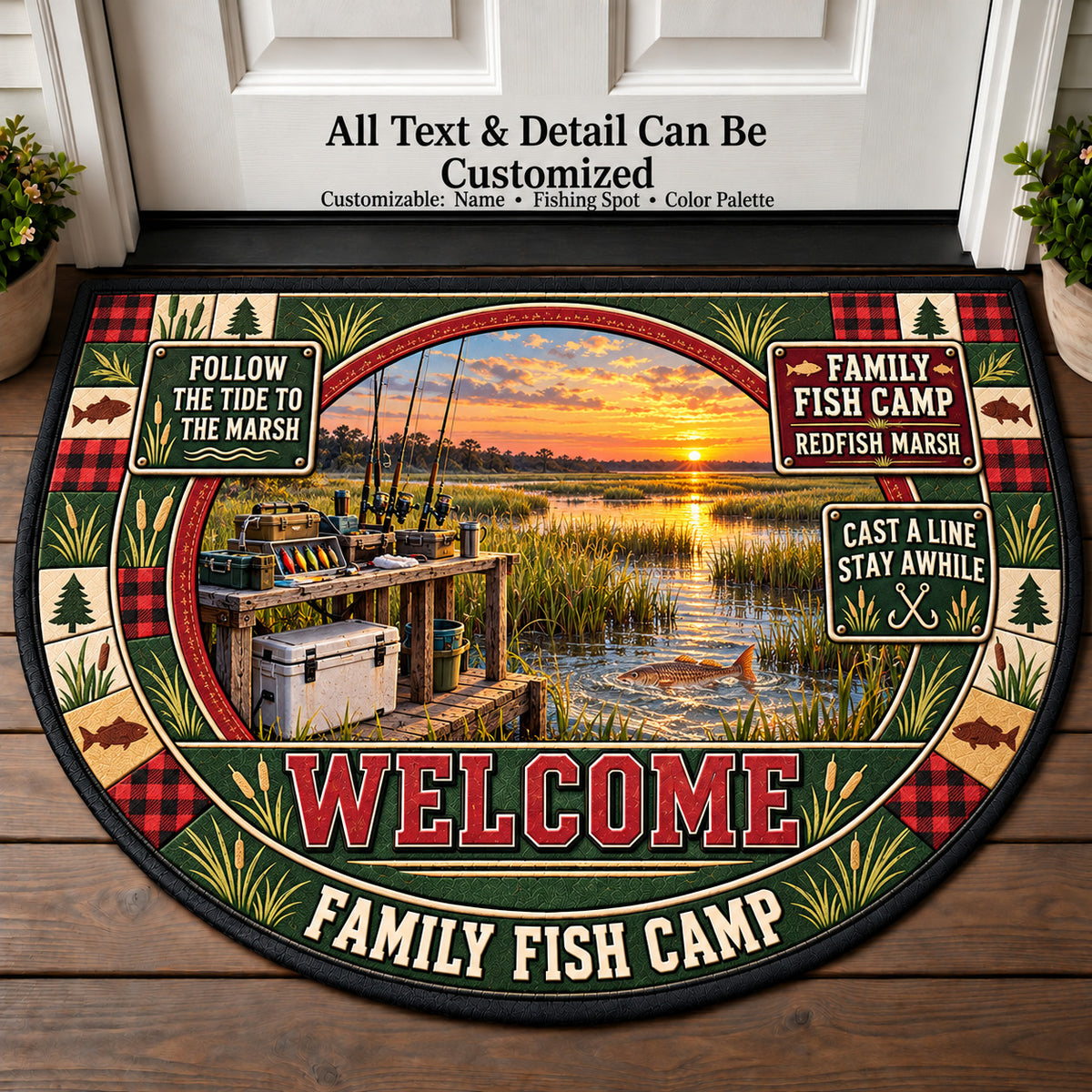 Redfish Marsh - Family Fish Camp Personalized Half Round Mat | 5To9Vibe