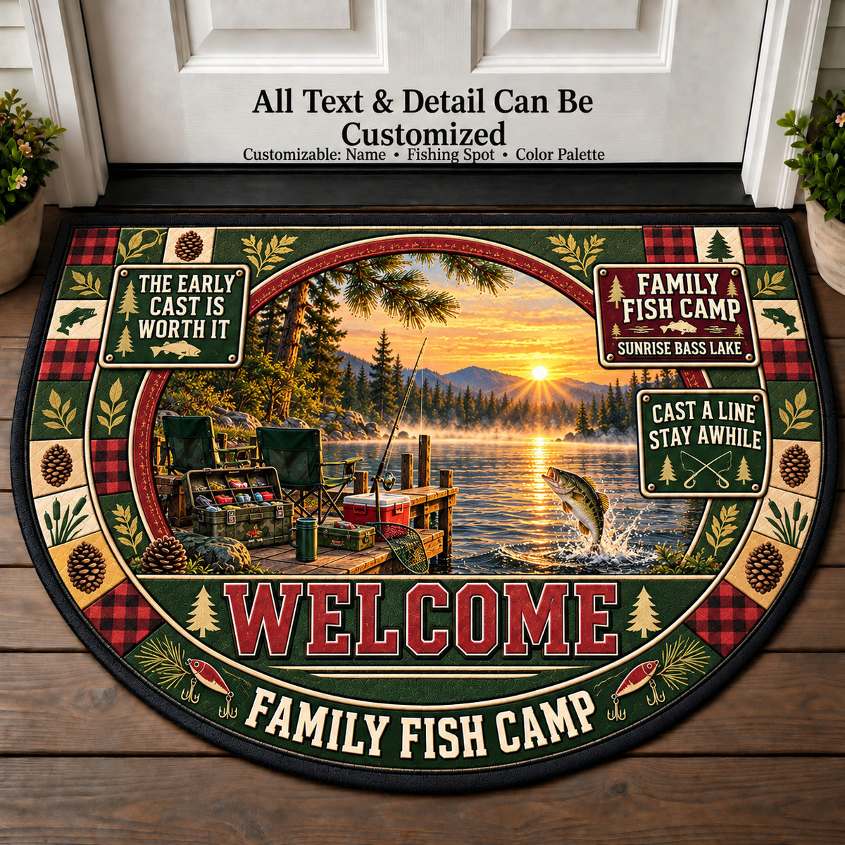 Sunrise Bass Lake - Family Fish Camp Personalized Half Round Mat | 5To9Vibe