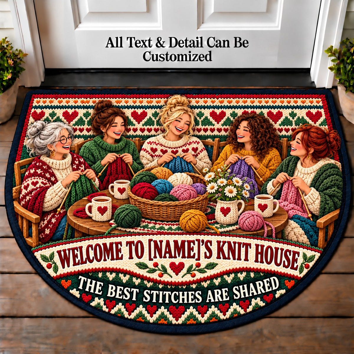 Knitting Circle - Family Knit House Personalized Half Round Mat | 5To9Vibe