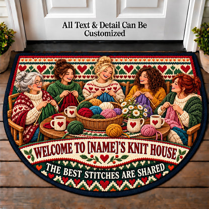 Knitting Circle - Family Knit House Personalized Half Round Mat | 5To9Vibe