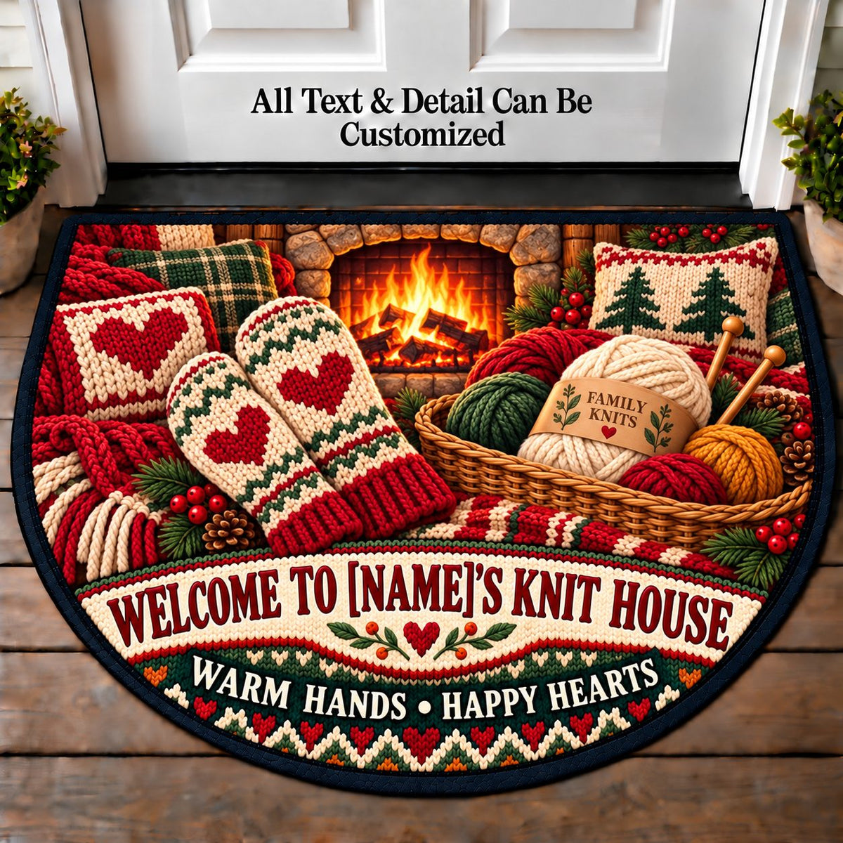 Mittens by the Fire - Family Knit House Personalized Half Round Mat | 5To9Vibe