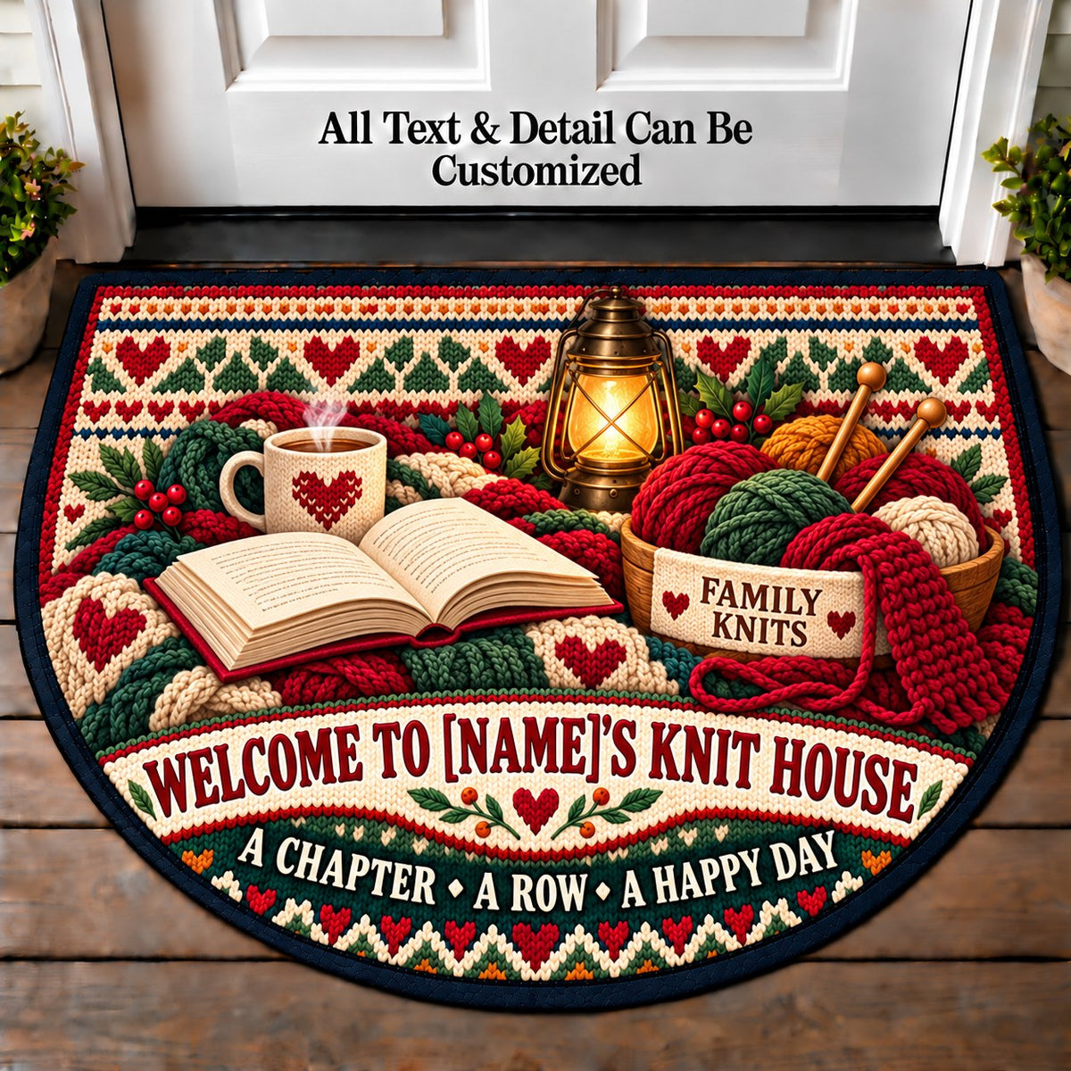Reading Knitting - Family Knit House Personalized Half Round Mat | 5To9Vibe