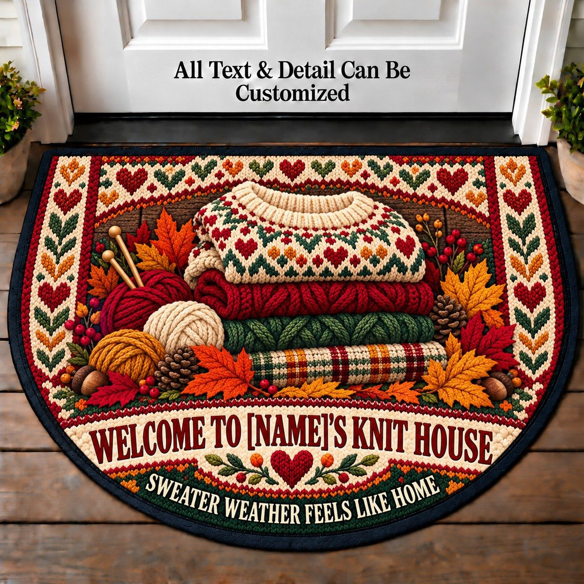 Sweater Weather - Family Knit House Personalized Half Round Mat | 5To9Vibe