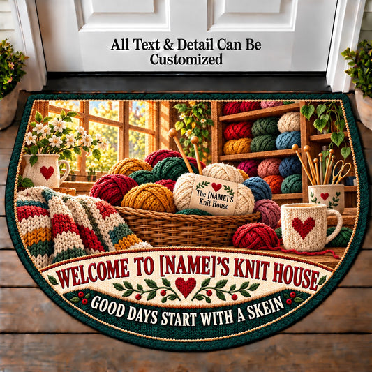Yarn Shop Morning - Family Knit House Personalized Half Round Mat | 5To9Vibe