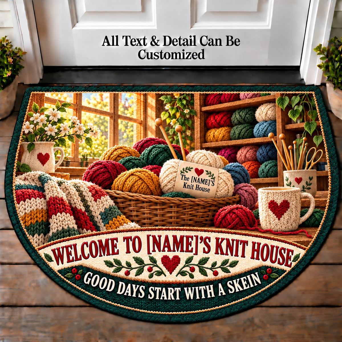 Yarn Shop Morning - Family Knit House Personalized Half Round Mat | 5To9Vibe