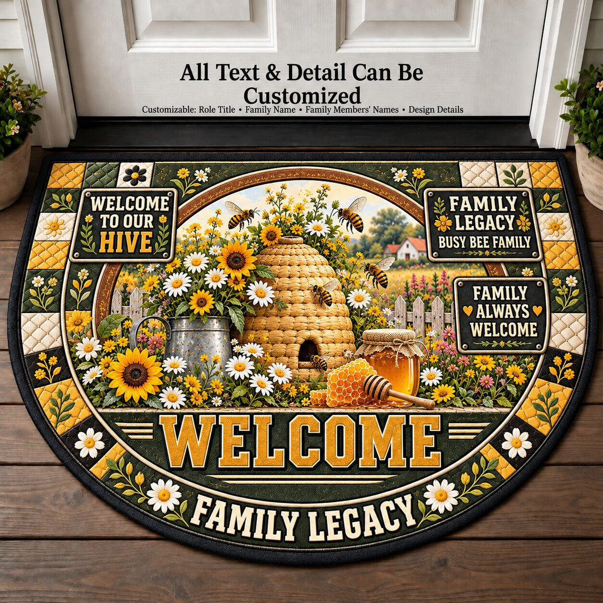 Family Legacy's Busy Bee Family Personalized Half Round Mat | 5To9Vibe
