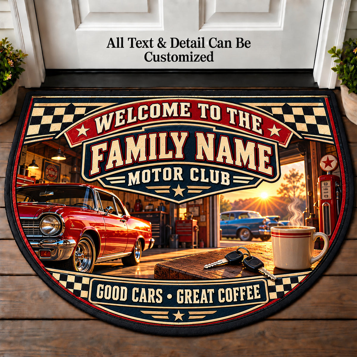 Chrome Coffee - Family Motor Club Personalized Half Round Mat | 5To9Vibe