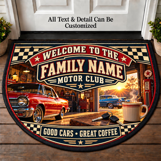 Chrome Coffee - Family Motor Club Personalized Half Round Mat | 5To9Vibe