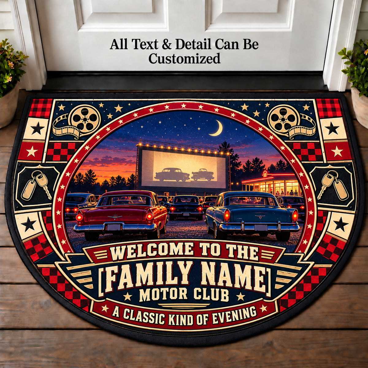 Drive In Night - Family Motor Club Personalized Half Round Mat | 5To9Vibe