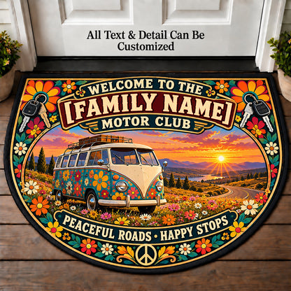 Flower Power Vintage Van - Family Motor Club Personalized Half Round Mat | 5To9Vibe