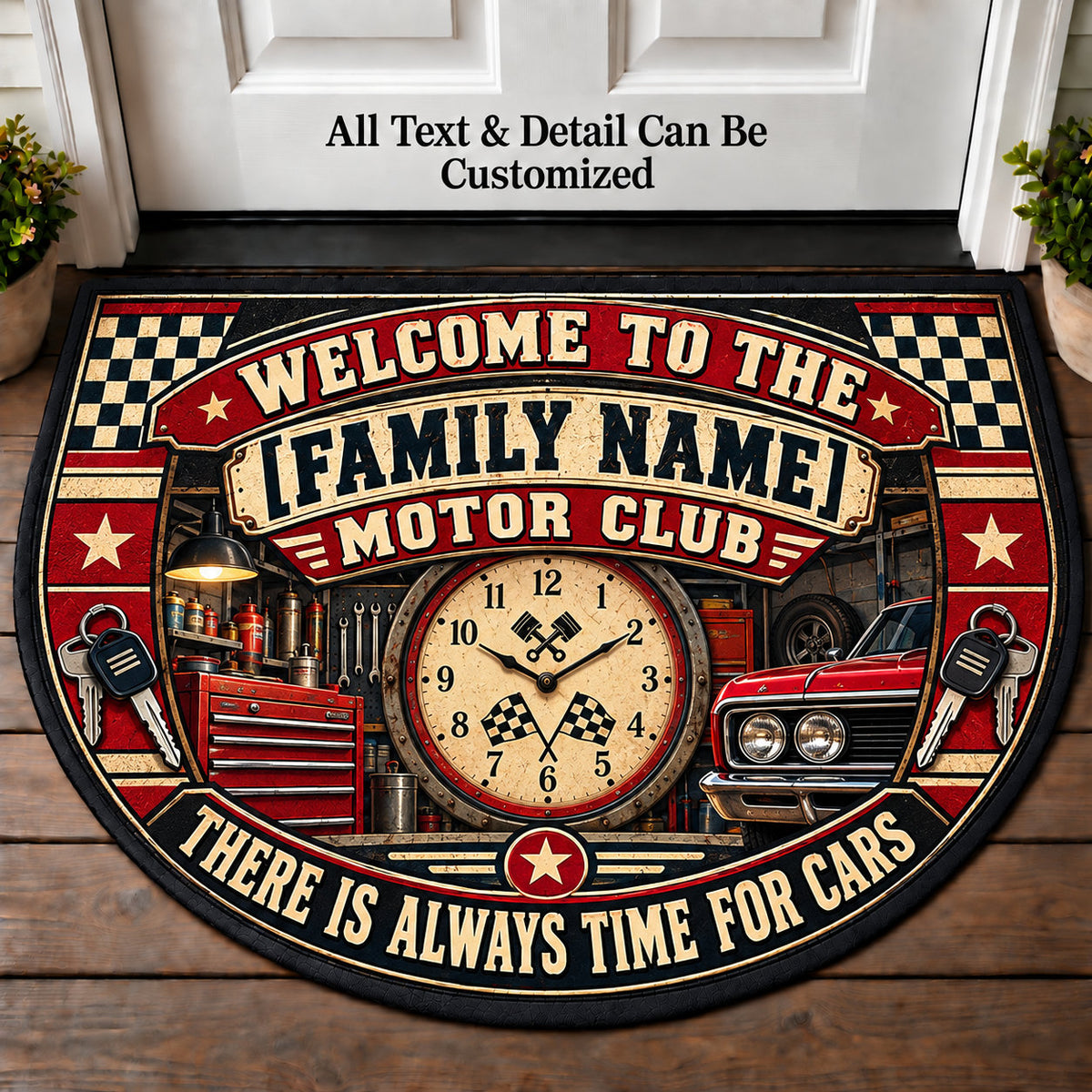 Garage Clock - Family Motor Club Personalized Half Round Mat | 5To9Vibe