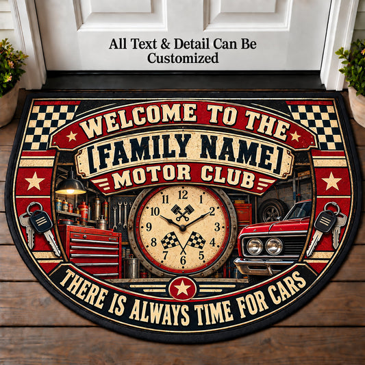 Garage Clock - Family Motor Club Personalized Half Round Mat | 5To9Vibe