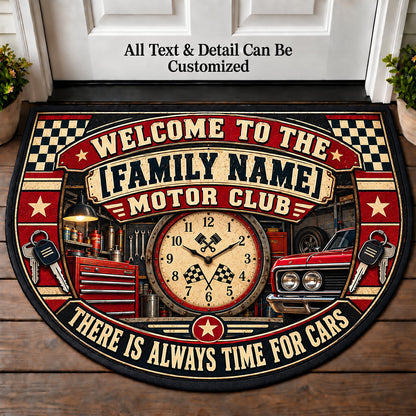 Garage Clock - Family Motor Club Personalized Half Round Mat | 5To9Vibe