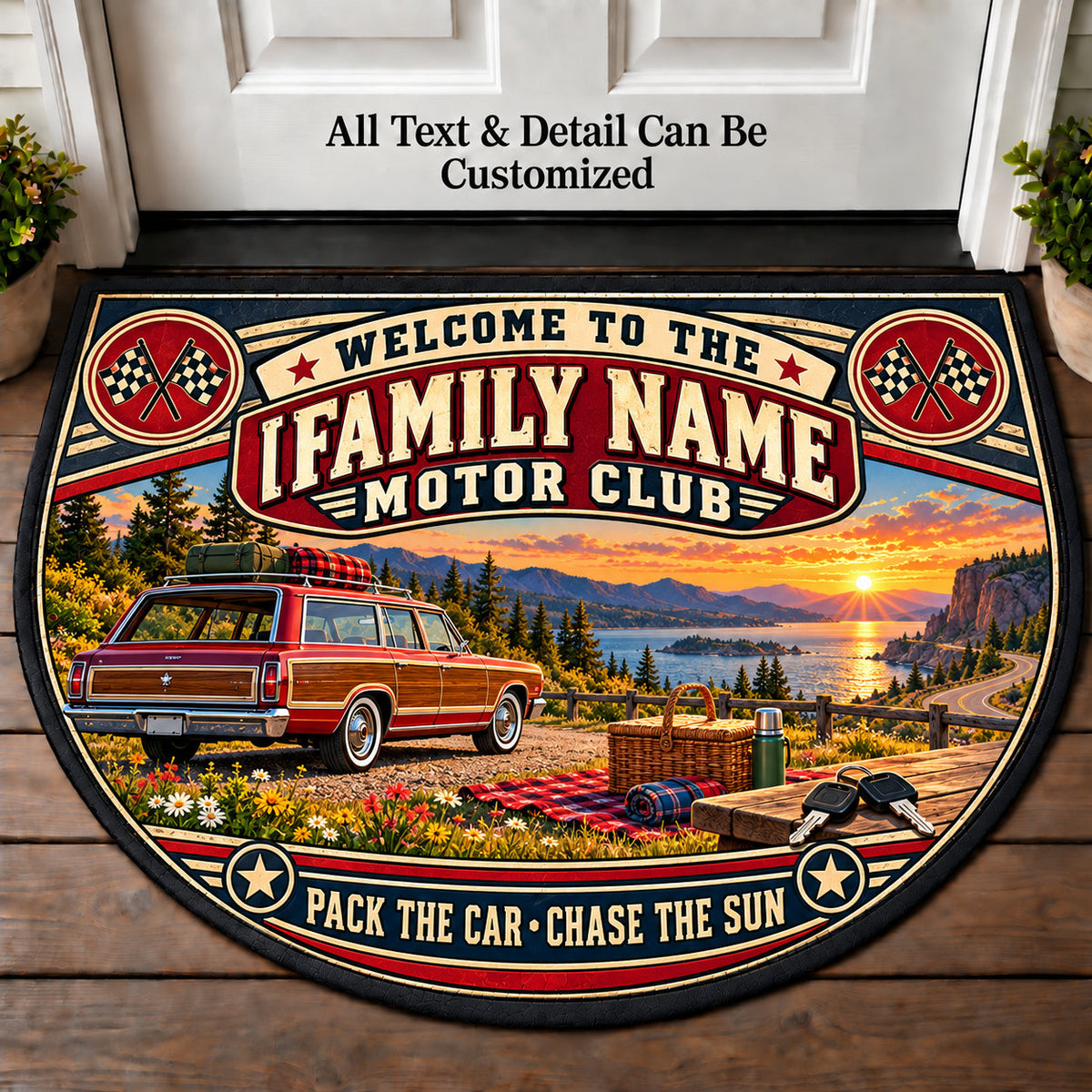 Picnic Road Trip - Family Motor Club Personalized Half Round Mat | 5To9Vibe