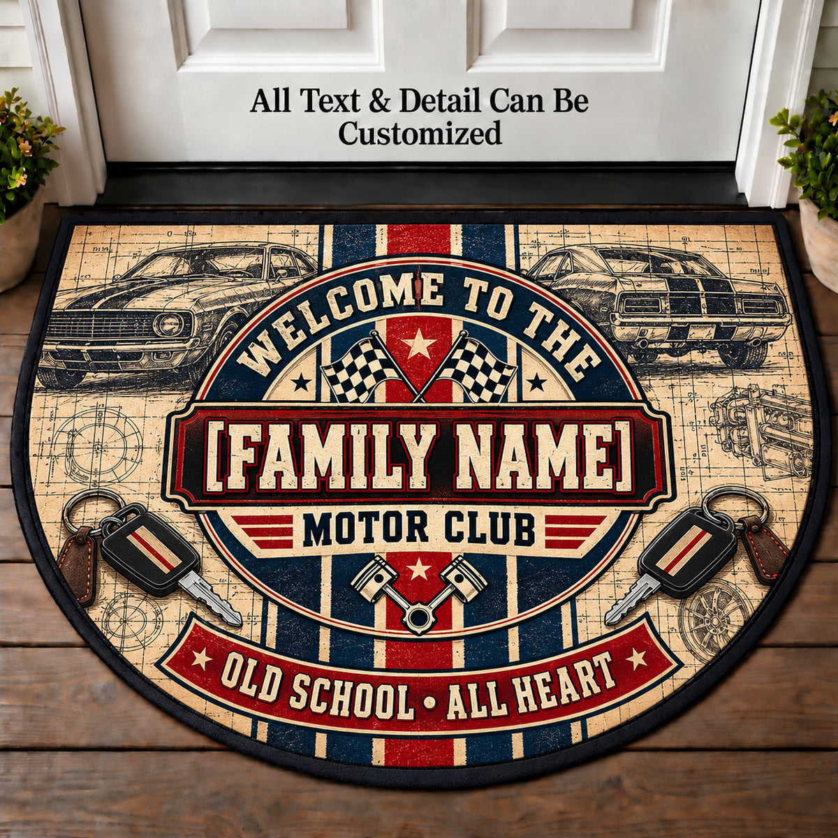 Racing Stripe Sketch - Family Motor Club Personalized Half Round Mat | 5To9Vibe