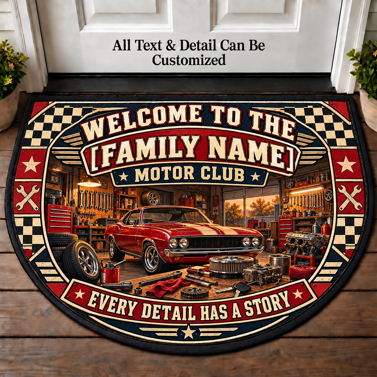 Restoration Workshop - Family Motor Club Personalized Half Round Mat | 5To9Vibe