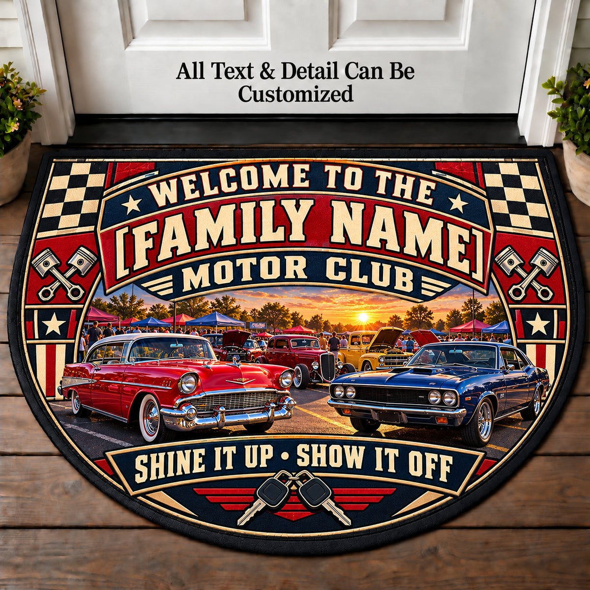 Sunday Car Show - Family Motor Club Personalized Half Round Mat | 5To9Vibe