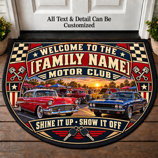 Sunday Car Show - Family Motor Club Personalized Half Round Mat | 5To9Vibe