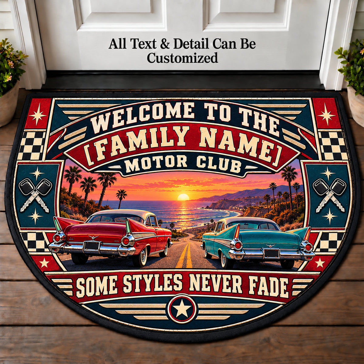 Tailfin Sunset - Family Motor Club Personalized Half Round Mat | 5To9Vibe