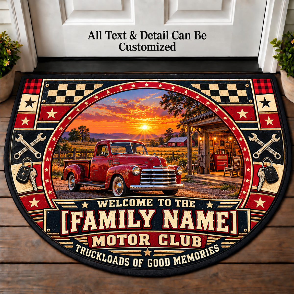 Vintage Pickup Porch - Family Motor Club Personalized Half Round Mat | 5To9Vibe