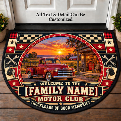 Vintage Pickup Porch - Family Motor Club Personalized Half Round Mat | 5To9Vibe