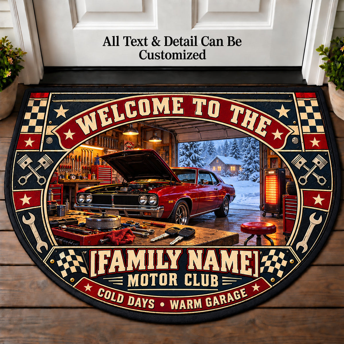 Winter Garage Project - Family Motor Club Personalized Half Round Mat | 5To9Vibe