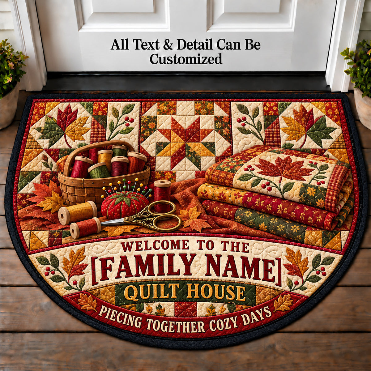 Autumn Patchwork - Family Quilt House Personalized Half Round Mat | 5To9Vibe